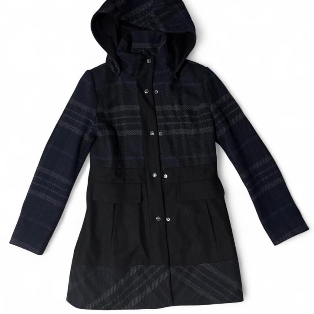 Guess Black and Navy Blue Plaid Pea Coat